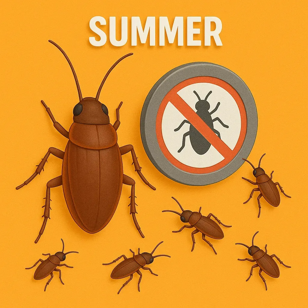 Illustration of a large cockroach surrounded by smaller ones, next to a