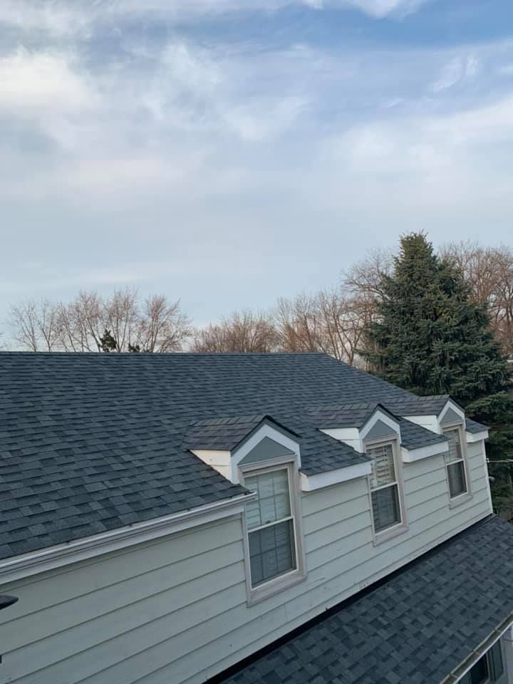 A roof with three dormer windows; cloudy sky; trees in the background; siding on the house.