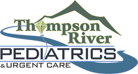Thompson River Pediatrics logo: mountain, kite, and river with business name.