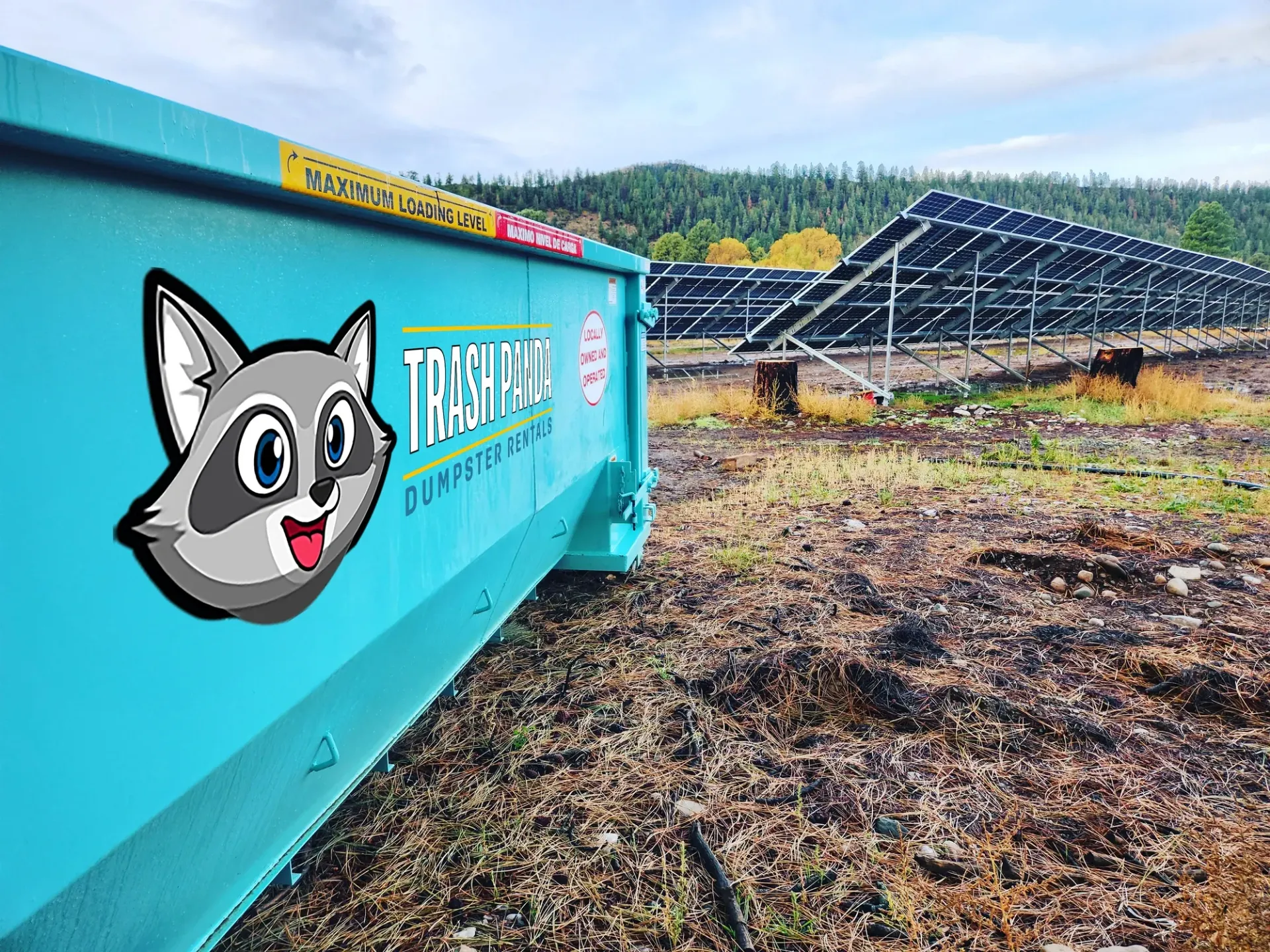 A blue dumpster with a raccoon on it is sitting in a field next to a solar panel.
