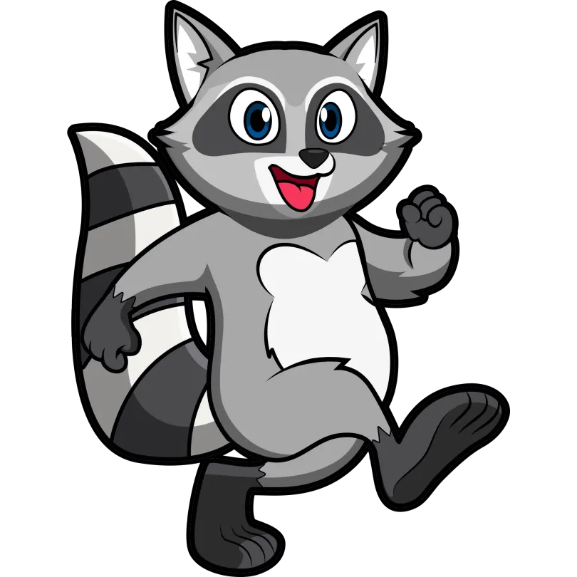 A cartoon raccoon is standing on its hind legs and smiling.