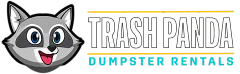 A logo for trash panda dumpster rentals with a raccoon on it.