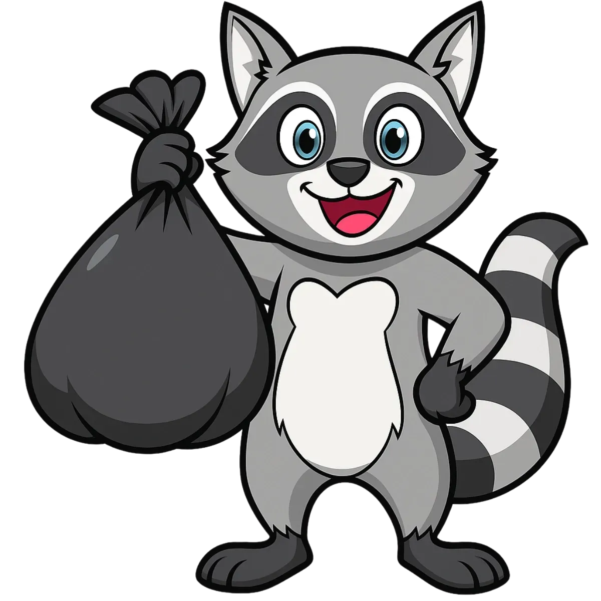 A cartoon raccoon is holding a black trash bag.