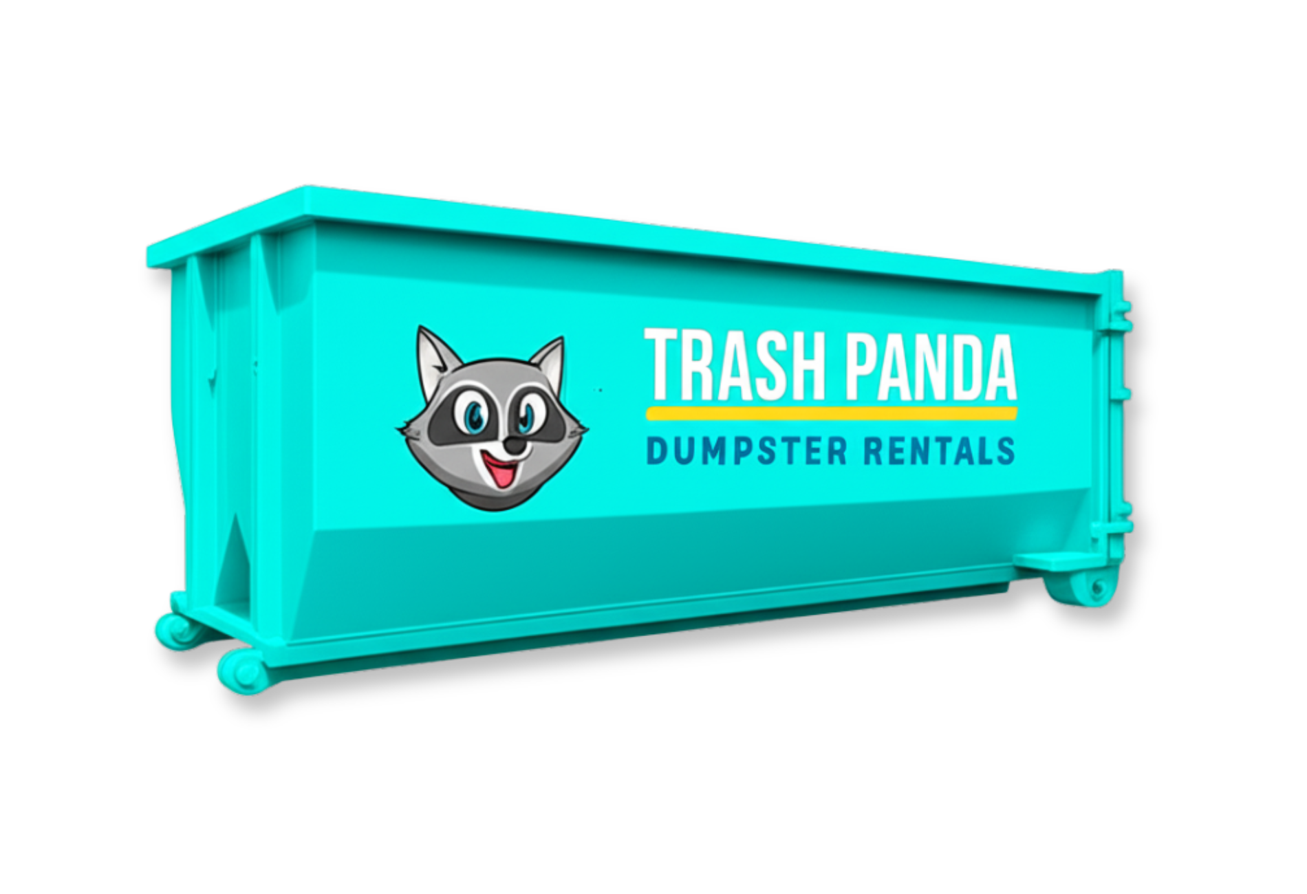 A blue dumpster with the trash panda dumpster rentals logo on it.
