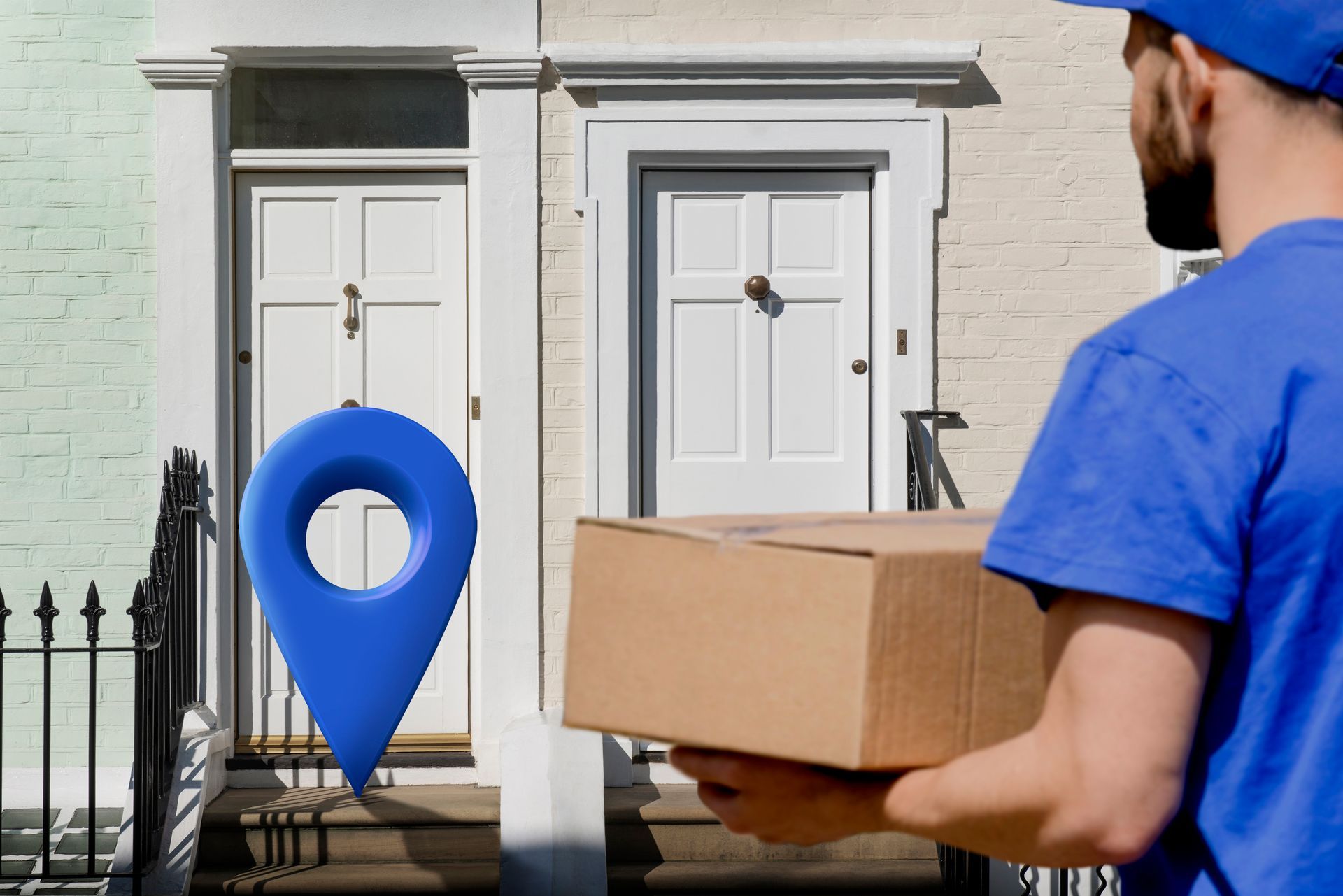 a delivery man is holding a cardboard box in front of a house .