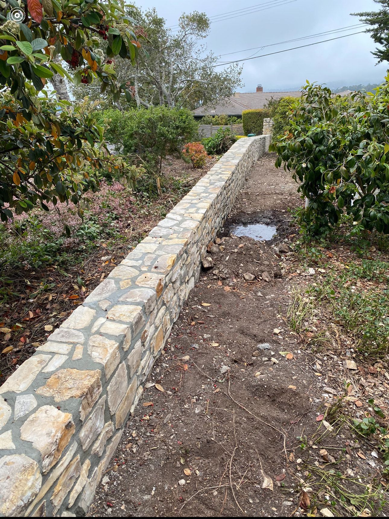 Stone retaining wall in a yard, lined with greenery and dirt path.