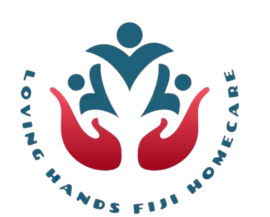 Logo for Loving Hands Fiji Homecare: blue figures above red hands, text reads "Loving Hands Fiji Homecare".