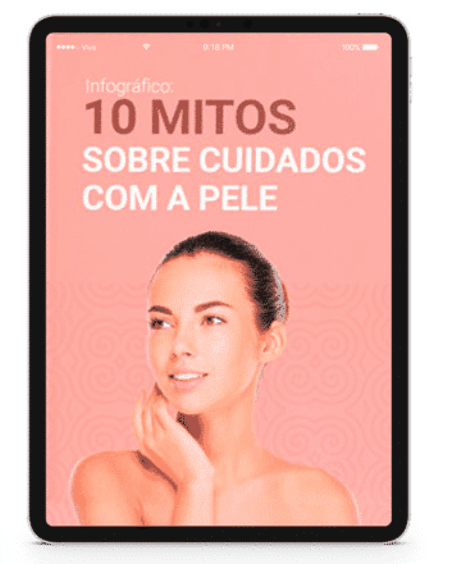 Um tablet com a foto de uma mulher e as palavras 10 mitos sobre cuidados com a pele