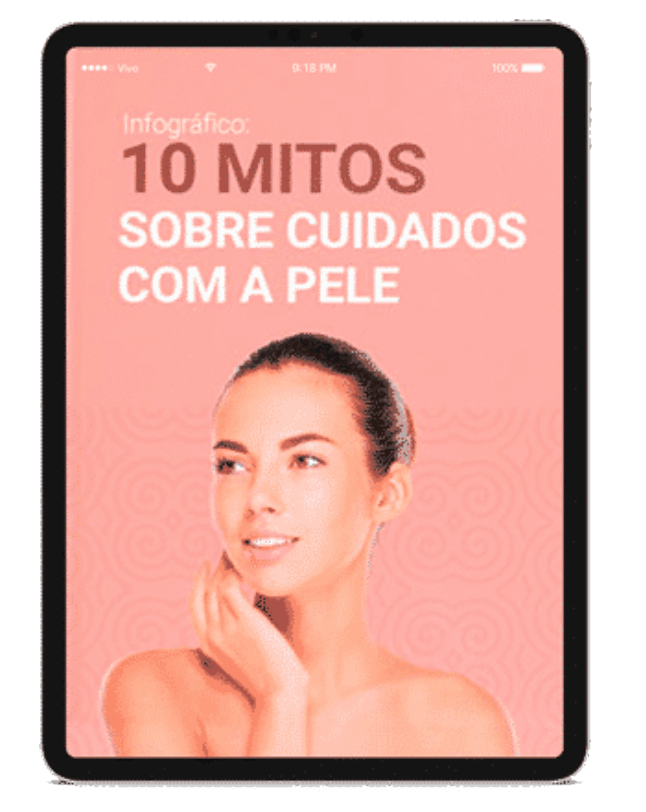 Um tablet com a foto de uma mulher e as palavras 10 mitos sobre cuidados com a pele