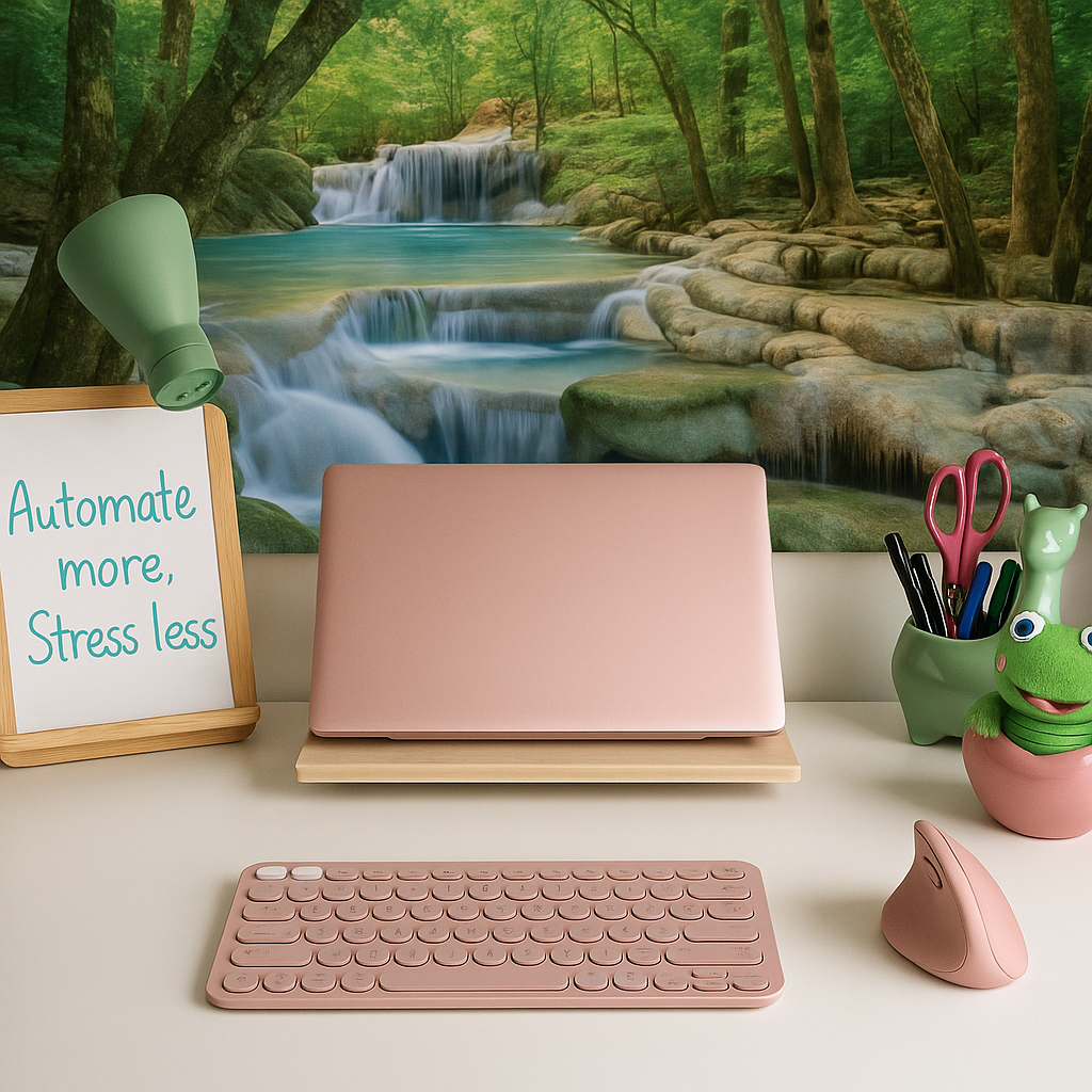 Een roze laptop, toetsenbord en muis staan op een wit bureau. Een bordje zegt: "Automatiseer meer, stress minder." Erachter bevindt zich een waterval als achtergrond.