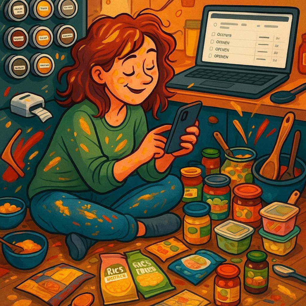 Een vrouw in een kleurrijke keuken, glimlachend terwijl ze op haar telefoon kijkt. Potten, kruiden en een laptop liggen verspreid.