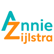 Logo voor Annie Zijlstra met een gestileerde 'AZ' in blauwgroen en oranje, en de naam in blauwgroen en oranje.