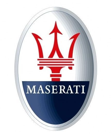 A red white and blue maserati logo on a white background