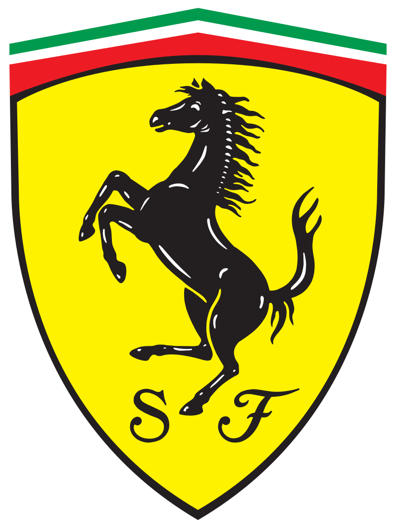 A ferrari logo with a black horse on its hind legs