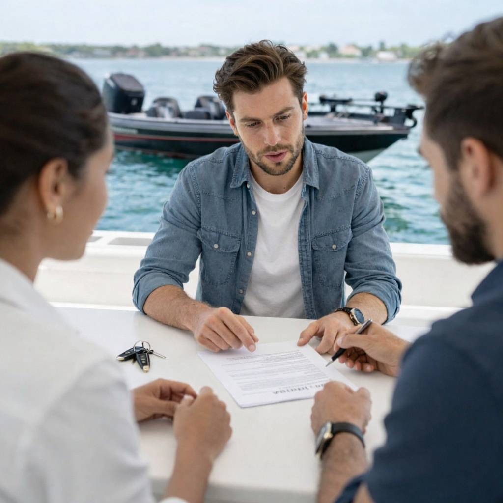 Man reviewing paperwork with a couple on a boat. The boat is in a body of water, and there is a second boat in the background.