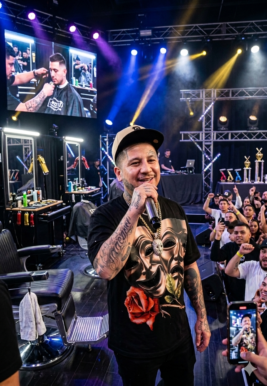 A tattooed man with a cap speaks into a microphone at a barbering event titled 