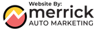 A logo for merrick auto marketing with a red and yellow arrow
