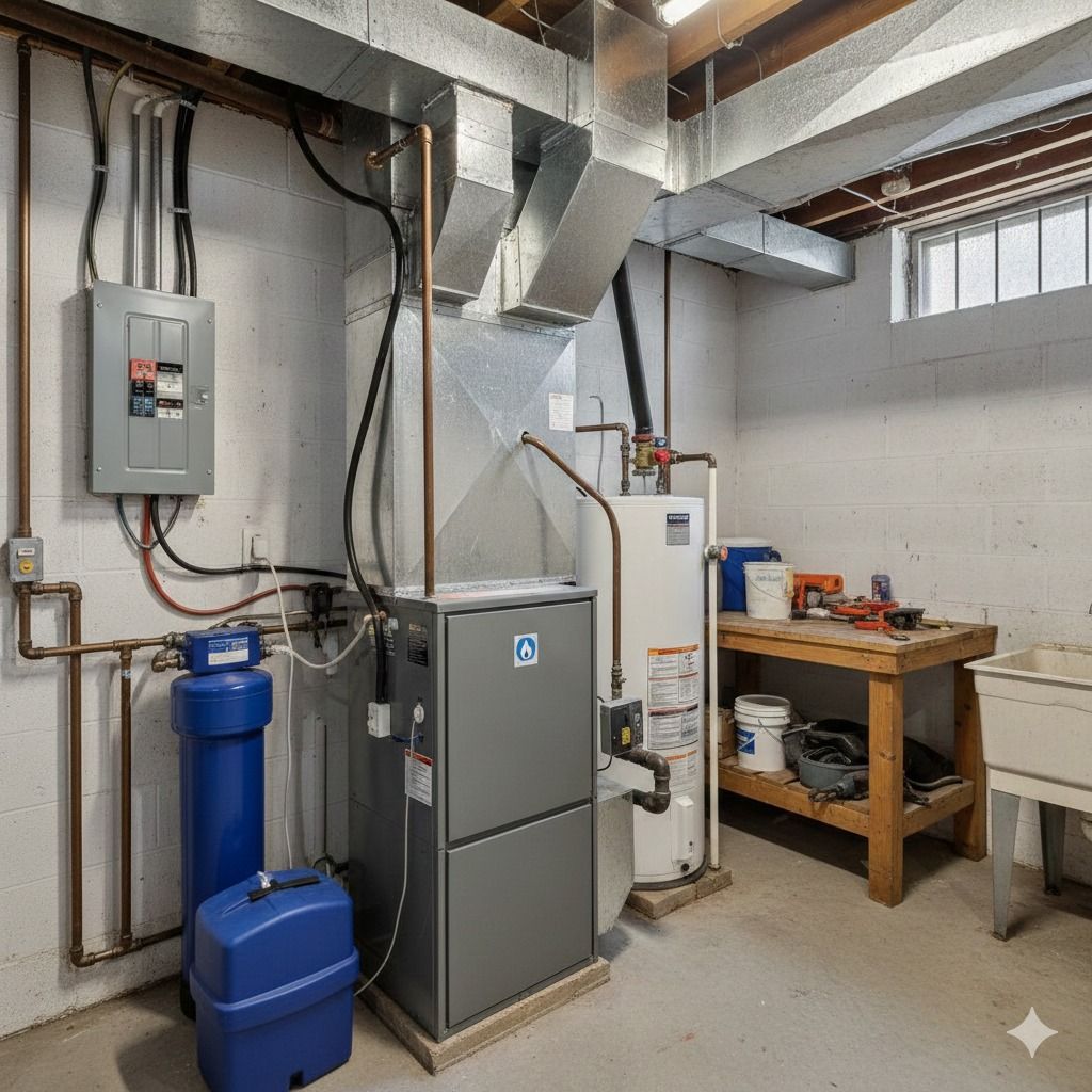 Basement with furnace, water heater, water filter, electrical panel, ductwork, and a workbench.