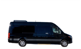 A black mercedes sprinter van is parked in a parking lot.