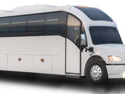 A large white bus with a lot of windows on a white background