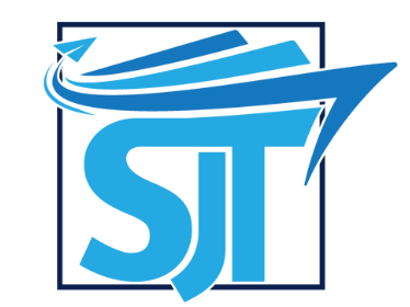 A blue logo for a company called sjt