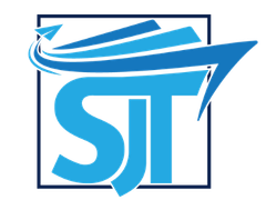 A blue logo for a company called sjt