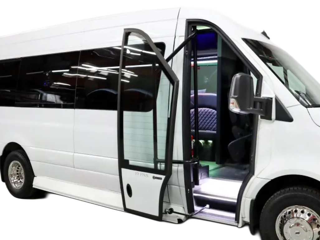 A white van with the door open on a white background