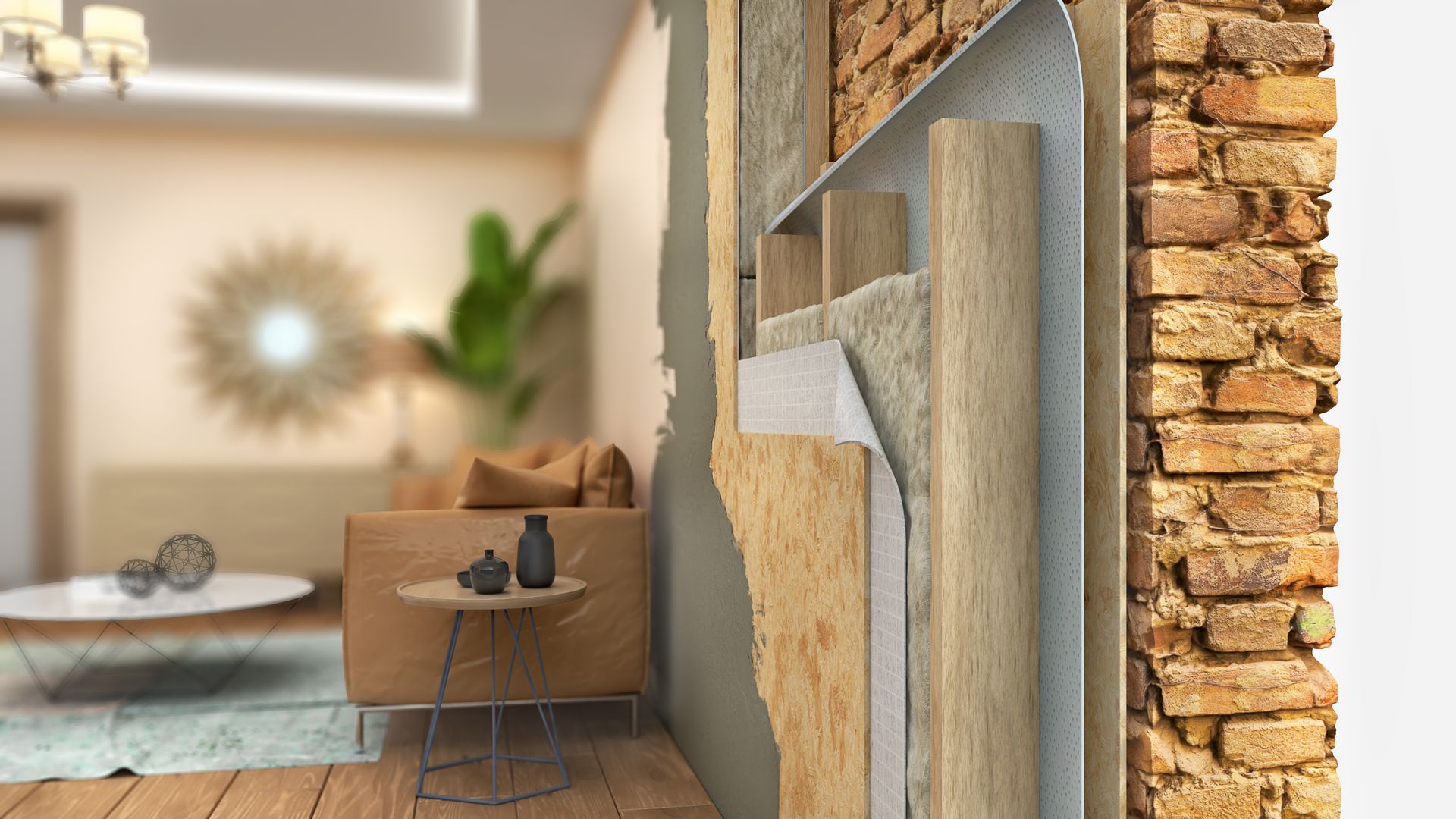 It shows the inside of a brick wall with a living room in the background.