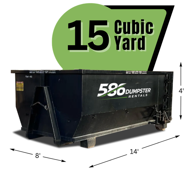 586 Dumpster with texts and graphics in the background.
