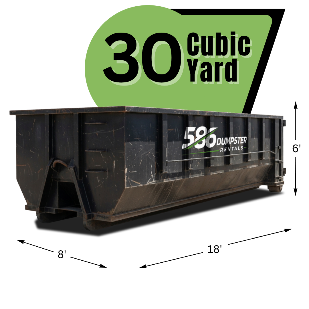 586 Dumpster with texts and graphics in the background.