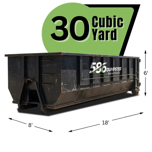 586 Dumpster with texts and graphics in the background.
