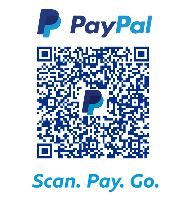 PayPal QR code for scanning to pay, featuring blue and white logo and text 