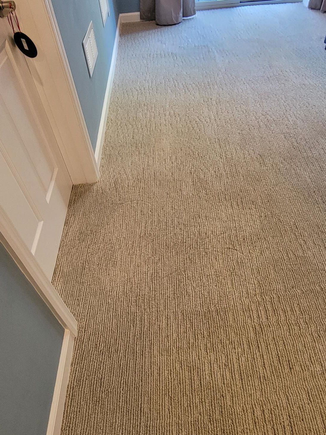 A hallway with a carpeted floor and a door.