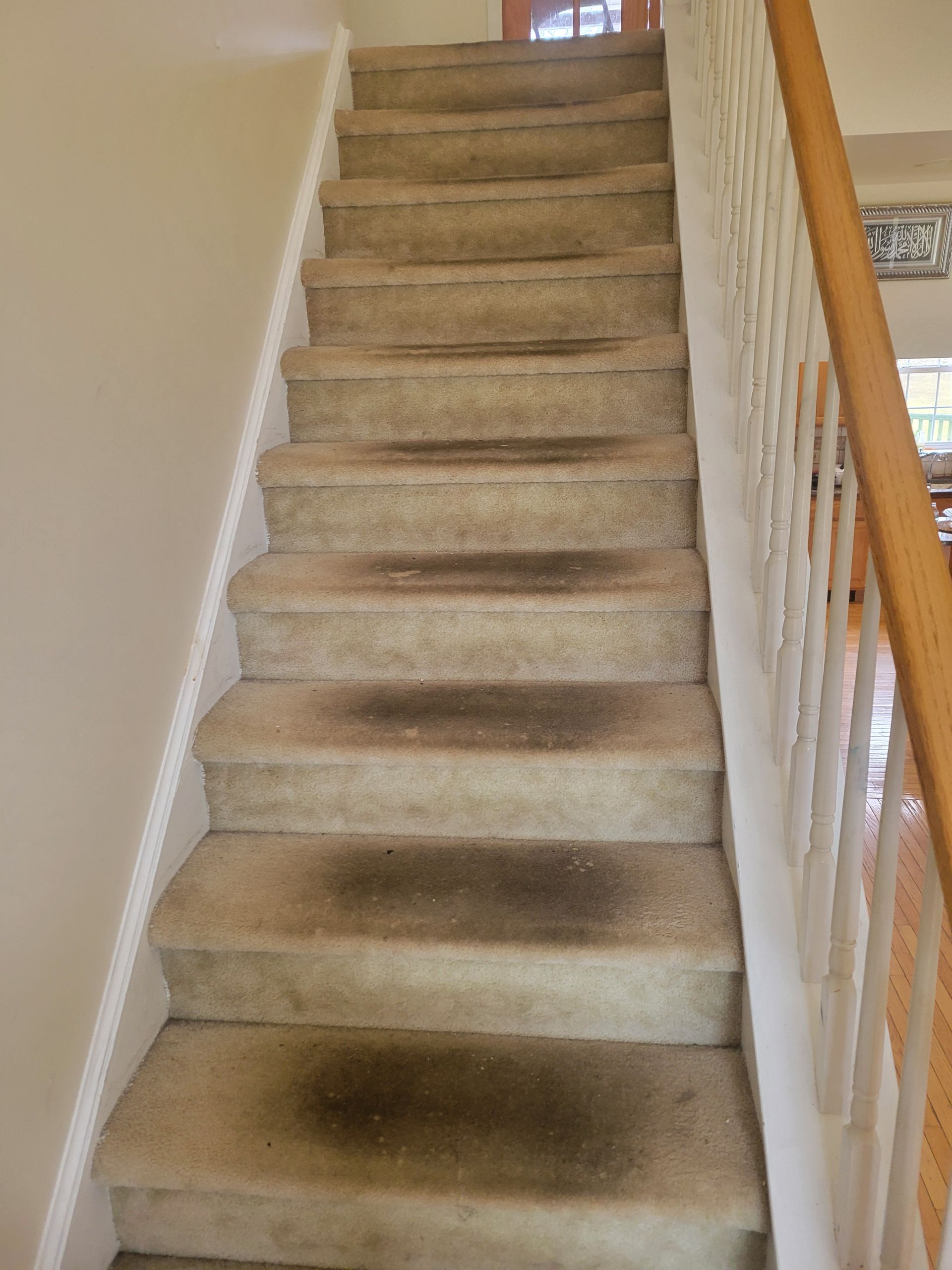 A set of stairs with a wooden railing in a house