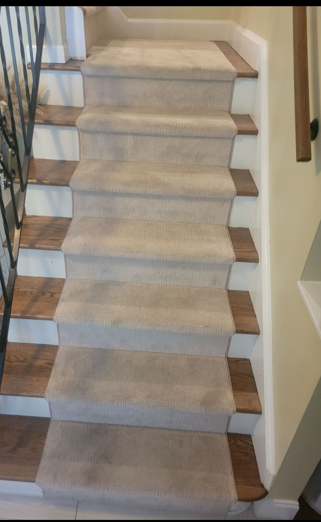 A carpeted staircase with wooden steps and a metal railing