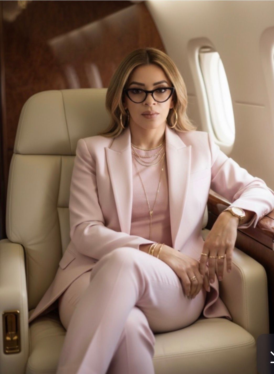 Woman wearing black sunglasses with light brown curly hair smiles, a red shirt visible.