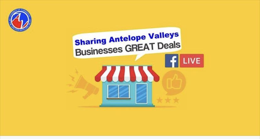 Graphic promoting local business deals via Facebook Live. Features a store, megaphone, thumbs-up, and stars on a yellow background.