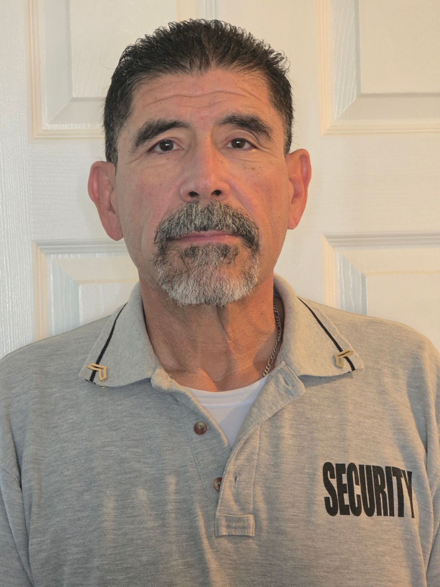 A man with a beard is wearing a security shirt