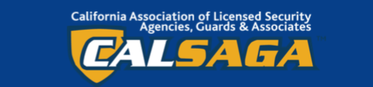 Logo for California Association of Licensed Security Agencies, Guards & Associates: CALSAGA. Shield with C and A.