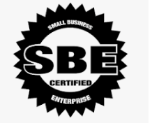 Black and white SBE (Small Business Enterprise) certified logo.