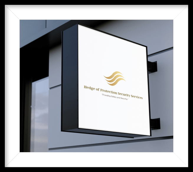 Sign: white square with gold logo,