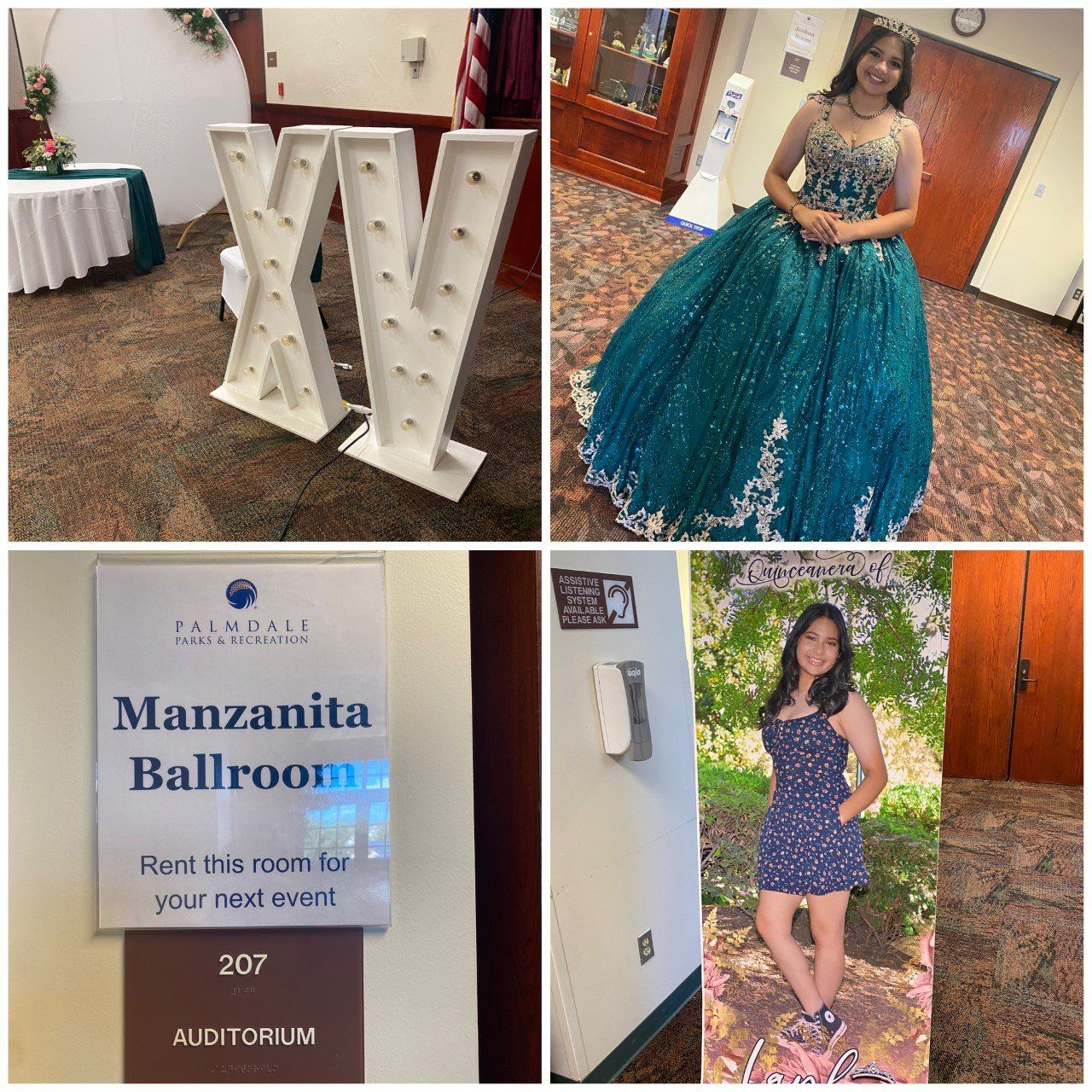 A woman in a ball gown is standing in front of a sign that says manzanita ballroom