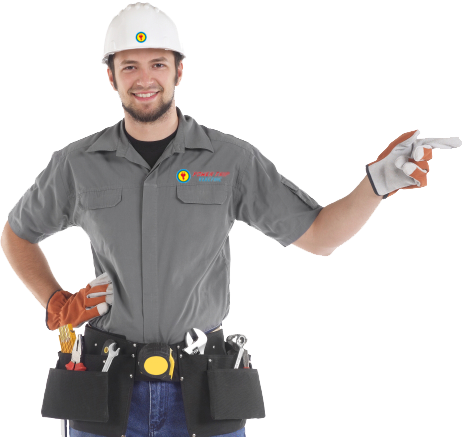 Electrician pointing right, wearing a hard hat, tool belt, and gray work shirt.