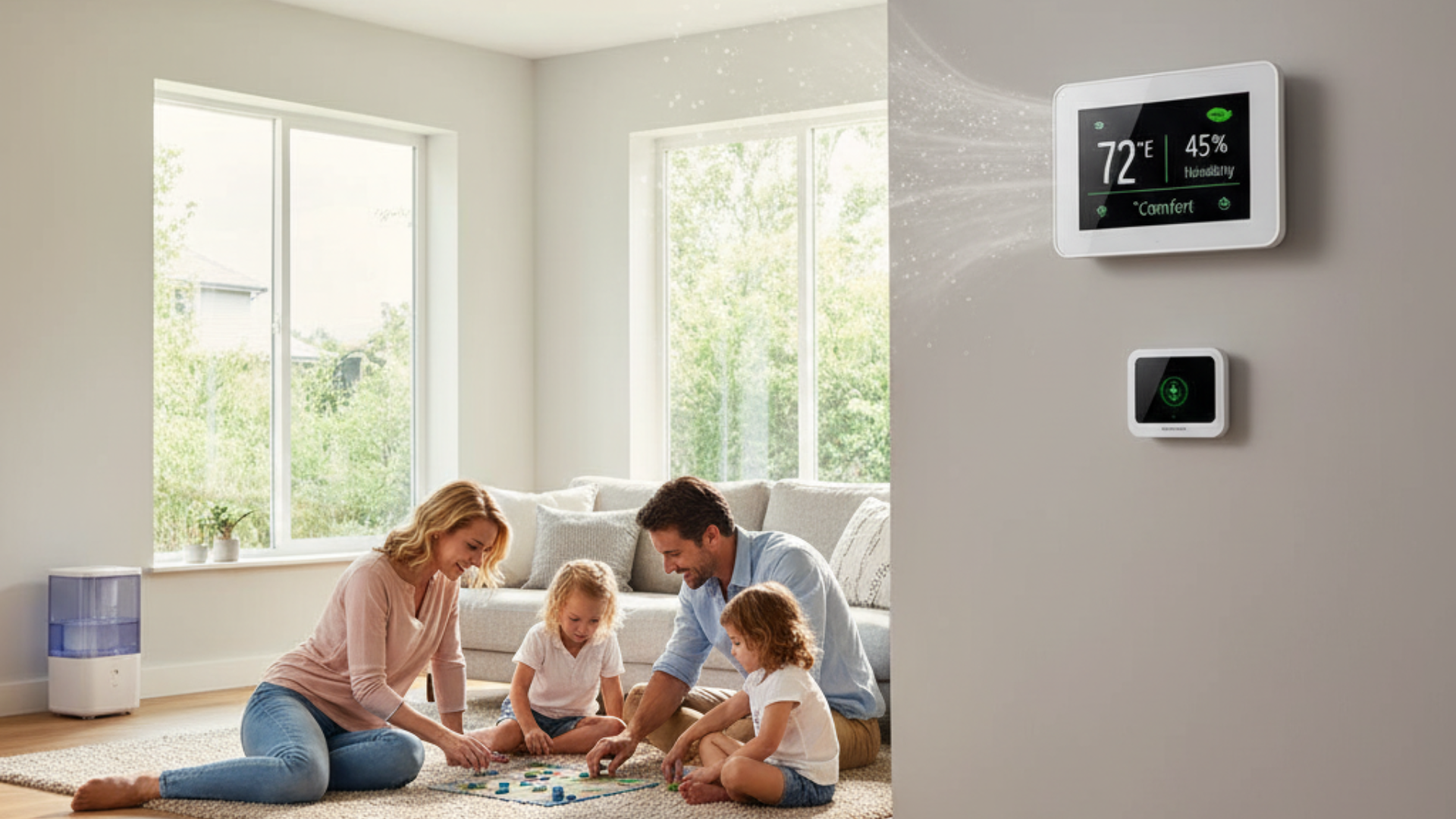 Family playing games in a bright living room; smart thermostat on wall displaying temperature and humidity.