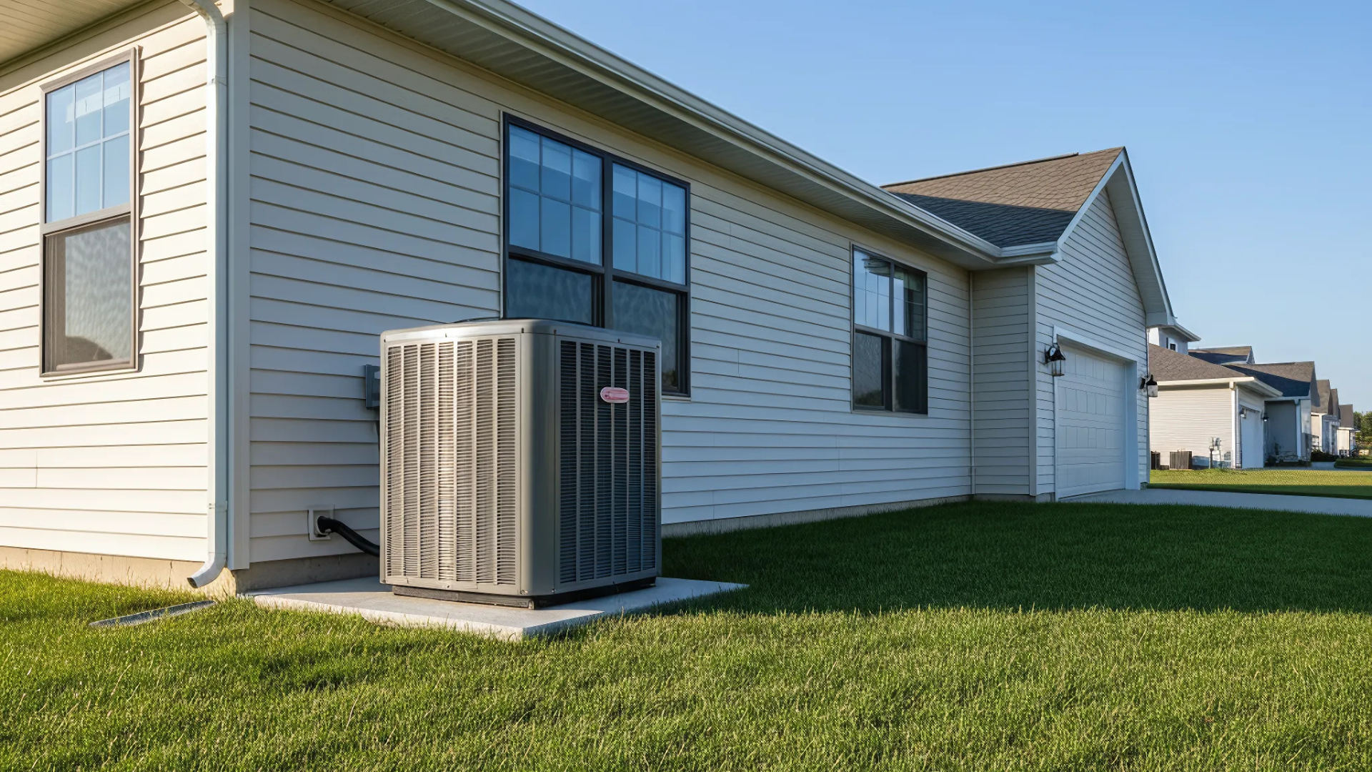 Air conditioner unit next to a light-colored house, with a grassy lawn in the foreground.