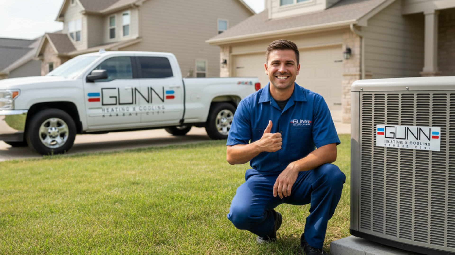 HVAC technician kneeling, thumbs up, smiling, in front of AC unit, truck & suburban house.