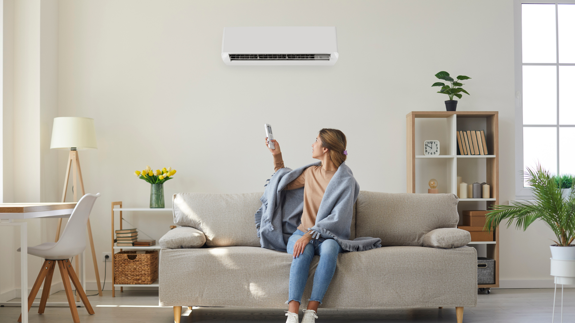 Woman on couch adjusts AC unit with remote in bright living room.