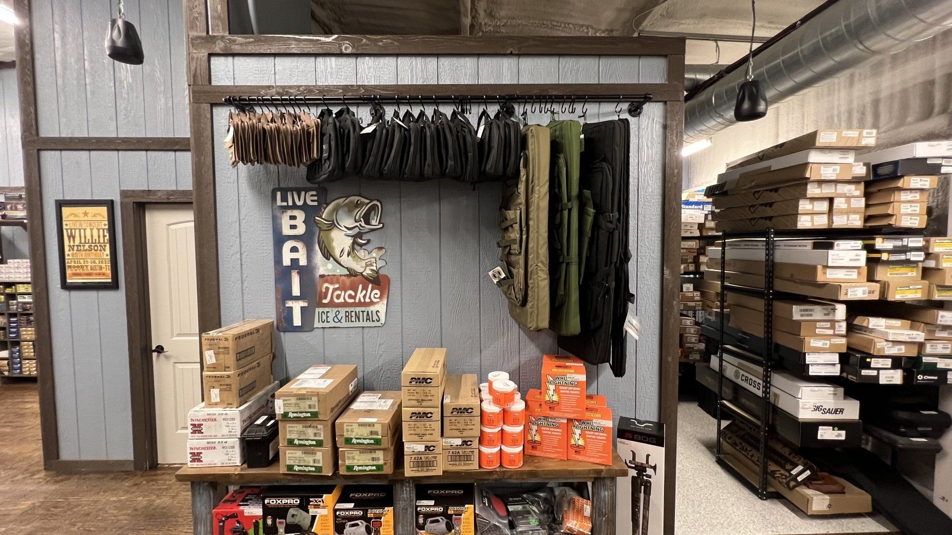 A warehouse filled with lots of boxes and fishing equipment.