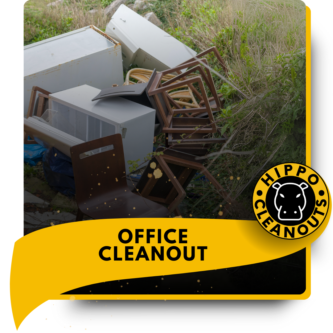 A discarded office furniture thrown in the grass.