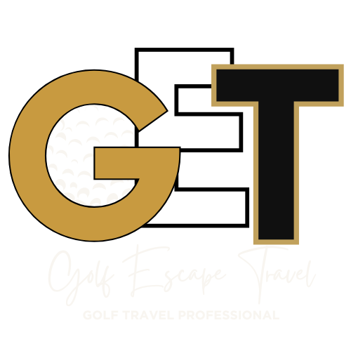 Gold and black “GT” logo with faint “Golf Escape Travel” text underneath
